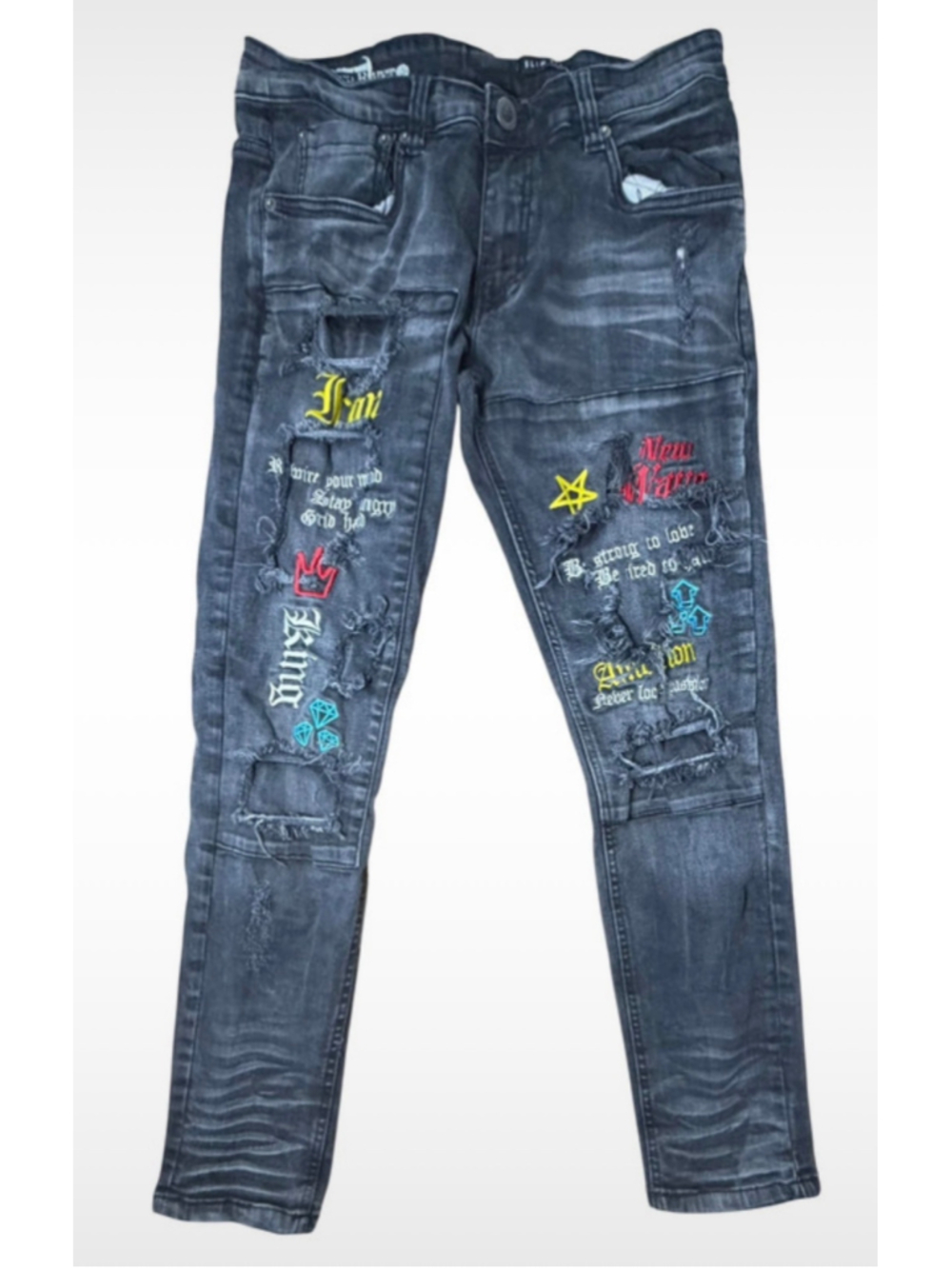 Men Copper Rivet Slim Jeans Waist 32 Black Distressed Graphic Embroidered